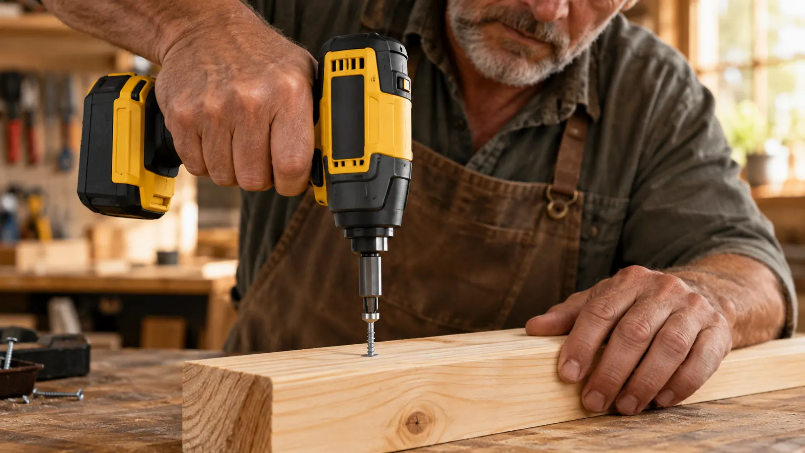 An impact driver driving a screw into a pine board, with the driver bit seated in the screw head.