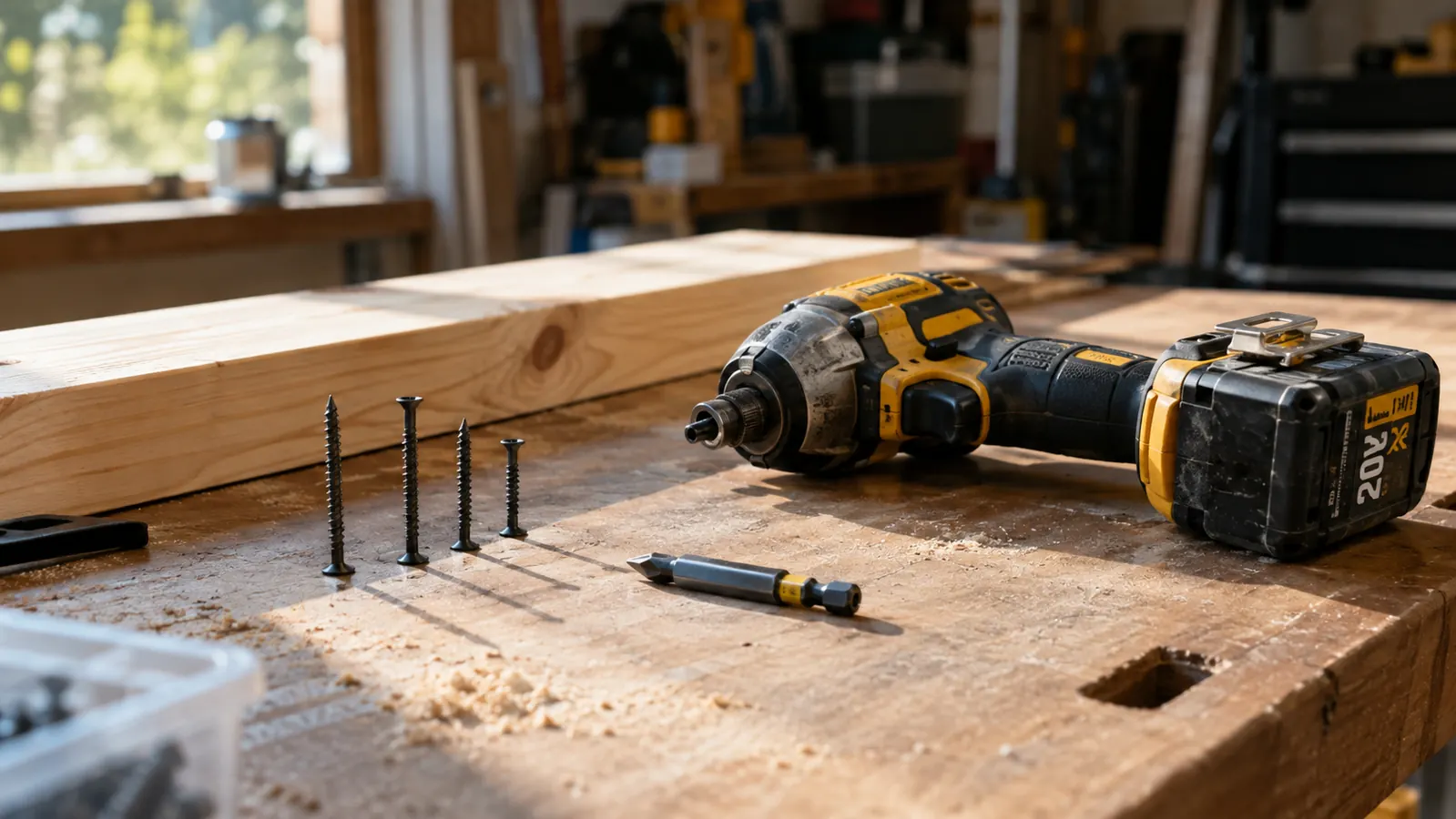 A workbench mid project with a few screws standing in a row, a driver bit laid on the bench, and an impact driver resting beside a pine board.