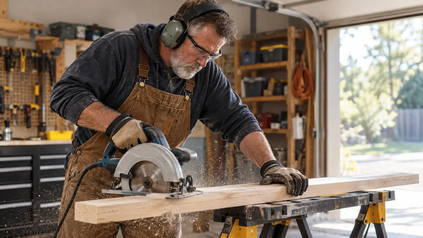 A person wearing ear muffs while guiding a circular saw along a board on a workbench