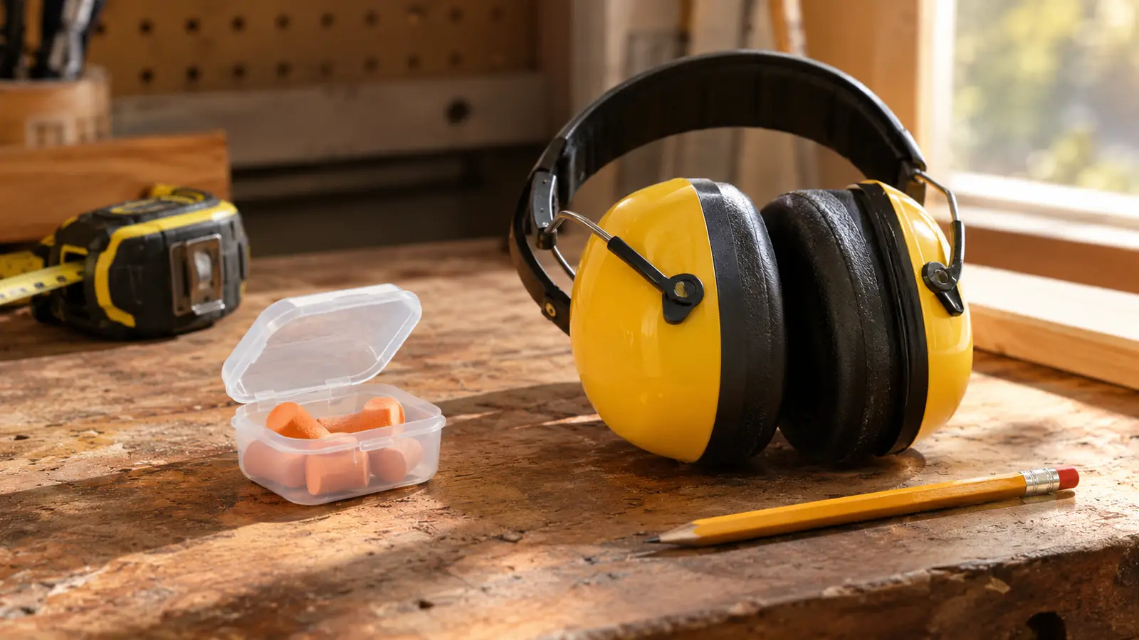 Foam earplugs in a small plastic case next to a pair of ear muffs on a wooden workbench