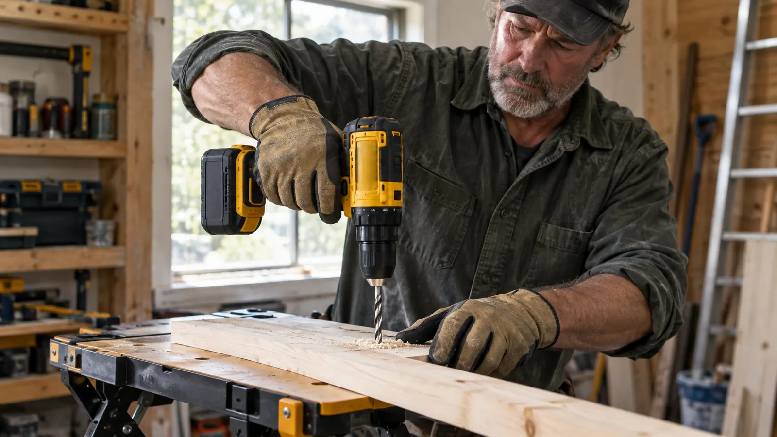 A hand wearing a work glove holding a cordless drill over a piece of lumber on a workbench