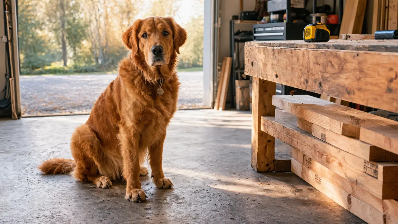 A large dog sitting on a garage floor beside a workbench with a tape measure and lumber