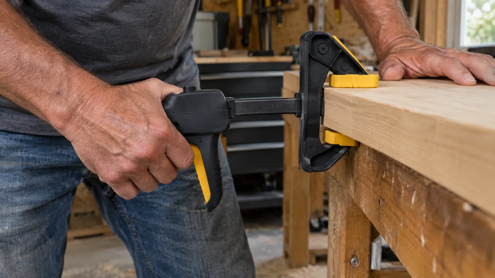 A hand squeezing the trigger of a one-handed bar clamp while the clamp holds a board to a workbench edge