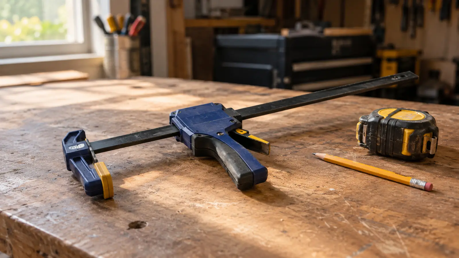 A one-handed bar clamp lying on a workbench next to a tape measure and a pencil