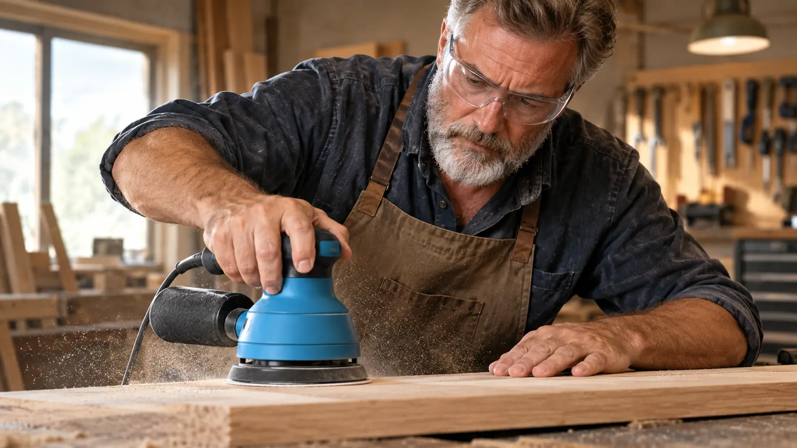 A person wearing clear safety glasses while sanding a board at a workbench