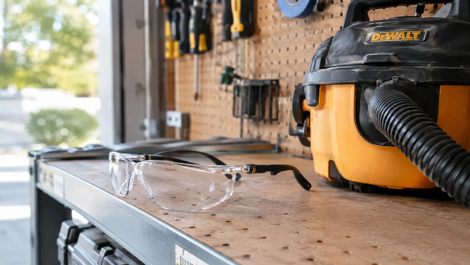 A pair of clear safety glasses with adjustable temple arms lying on a pegboard shelf