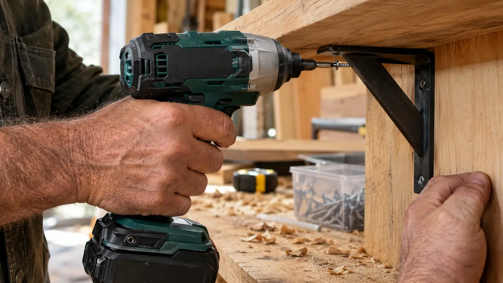 Hand using a cordless impact driver to set a screw into a wood shelf bracket on a workbench
