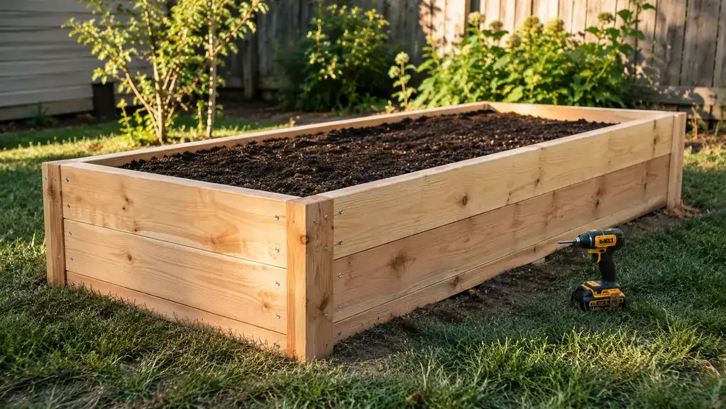 Finished raised garden bed built from new lumber with a cordless impact driver resting on the ground beside it