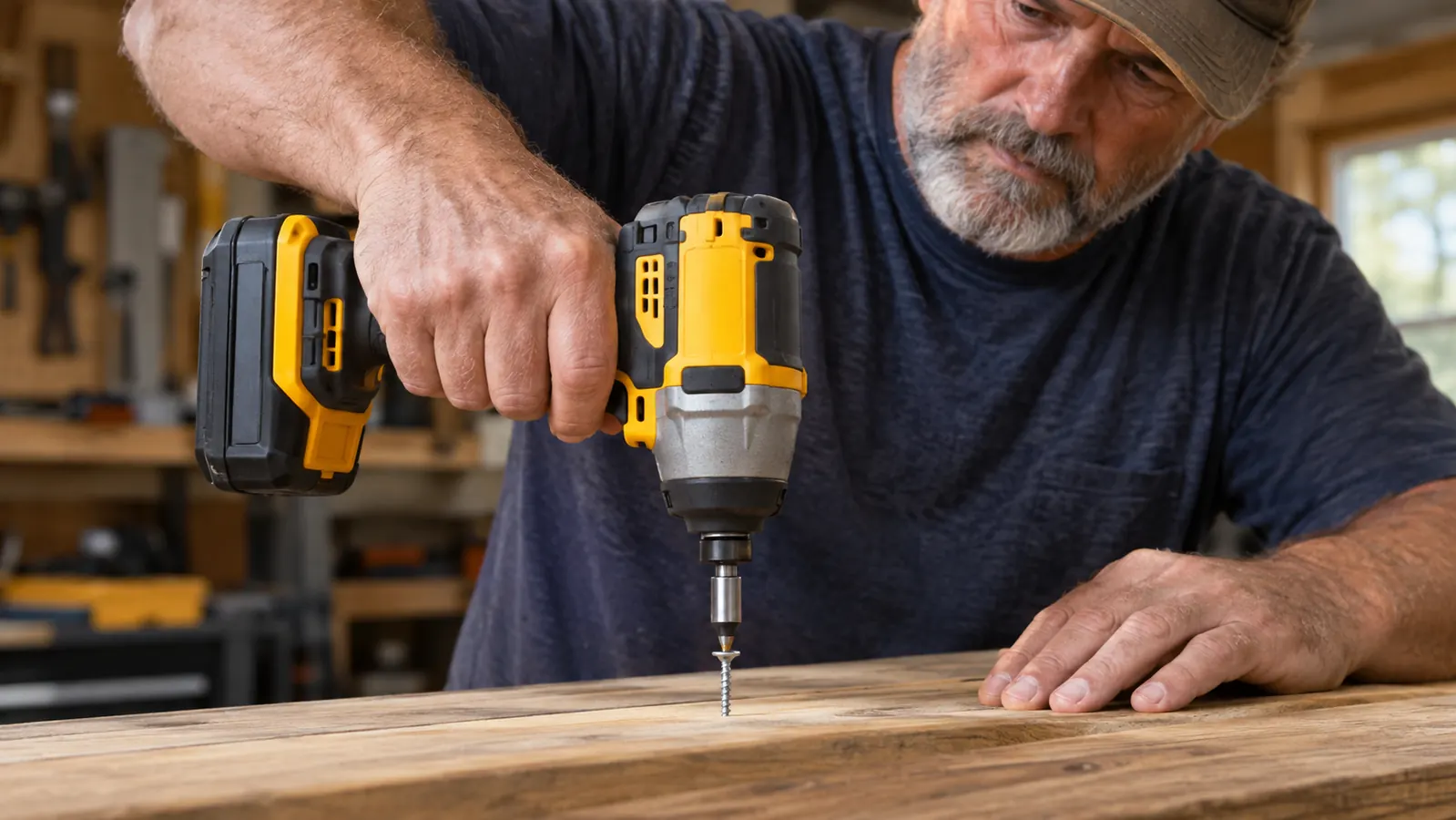 A hand driving a deck screw with a cordless impact driver, the bit visible in the chuck