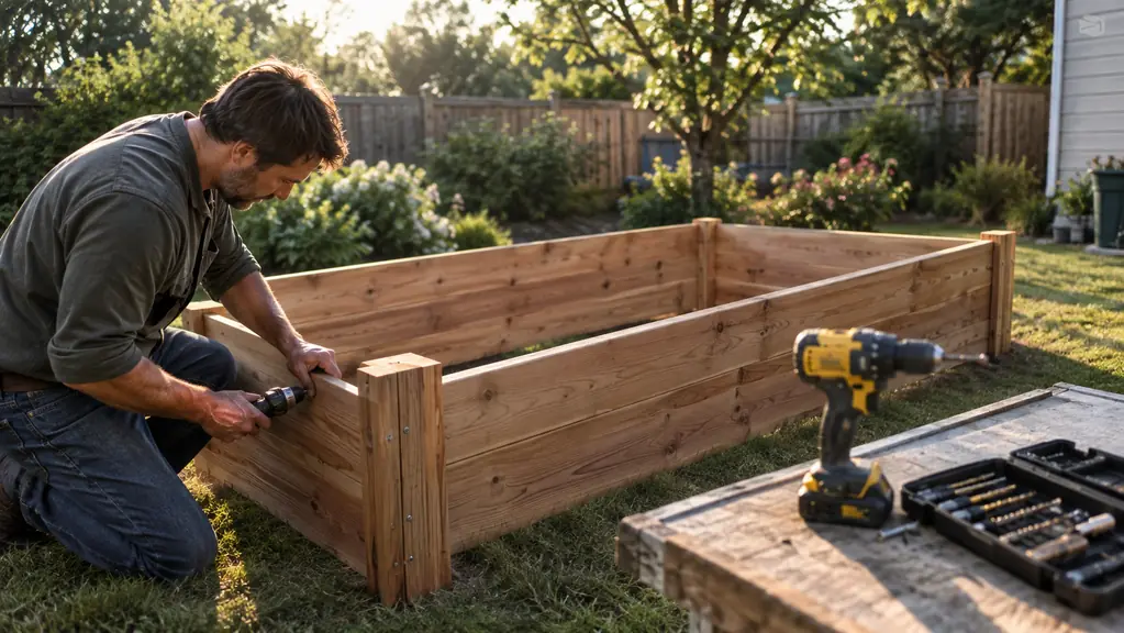 Assembling a raised garden bed frame in a backyard with a cordless drill and an open bit case on a nearby workbench