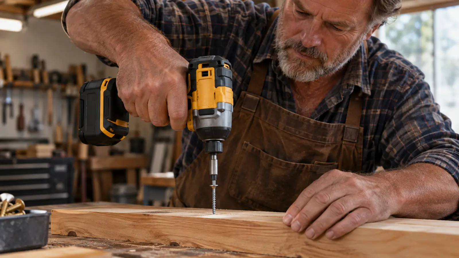 A hand driving a screw into a wooden board with an impact driver fitted with a screwdriver bit