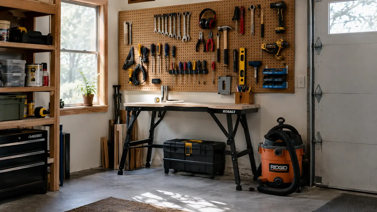 A home garage workshop with a pegboard wall above a folding workbench and a shop vac on the floor