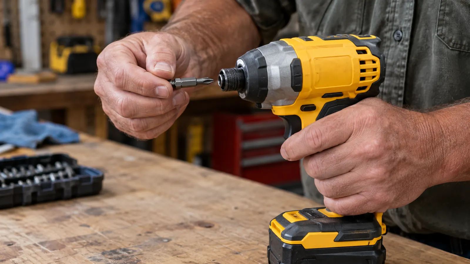 A hand pressing a driver bit into the chuck of a cordless impact driver on a workbench