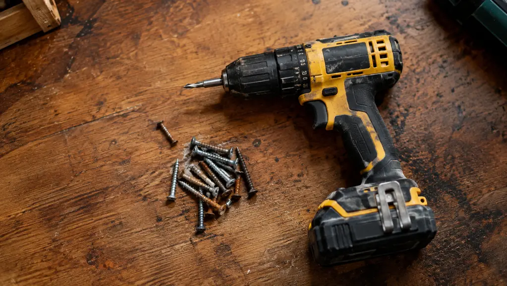 A cordless drill resting on a workbench beside a small pile of screws, some with worn heads