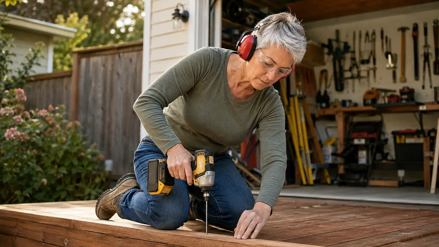 A woman in safety glasses and ear muffs driving a screw into a deck board with a cordless impact driver in her garage workshop