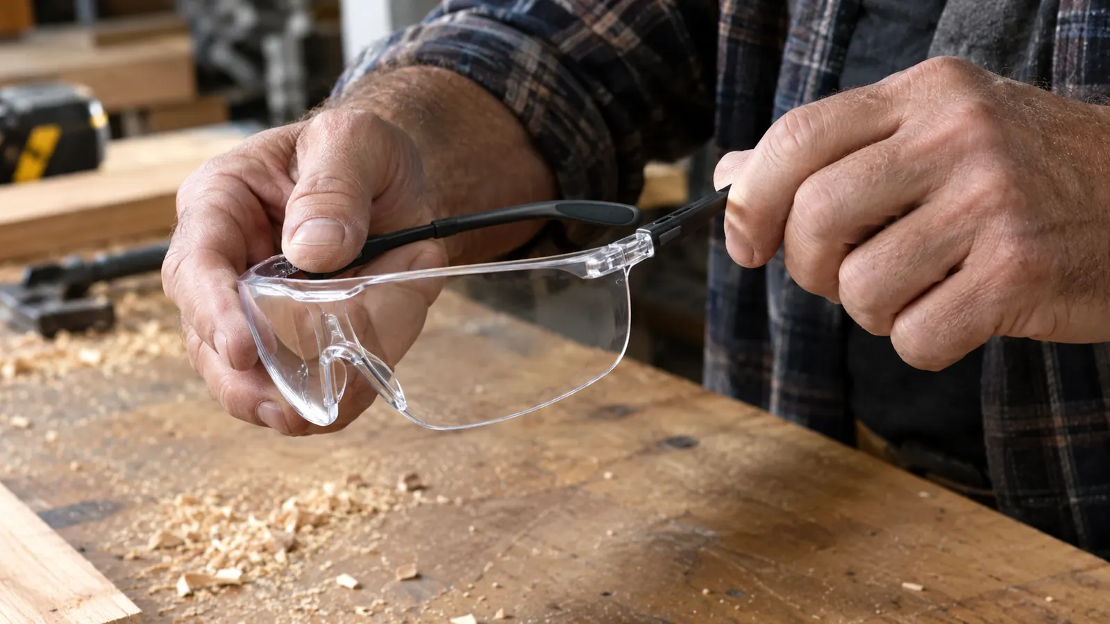 A person's hands adjusting the temple arms of clear safety glasses before a woodworking session, a workbench and sawdust in the background