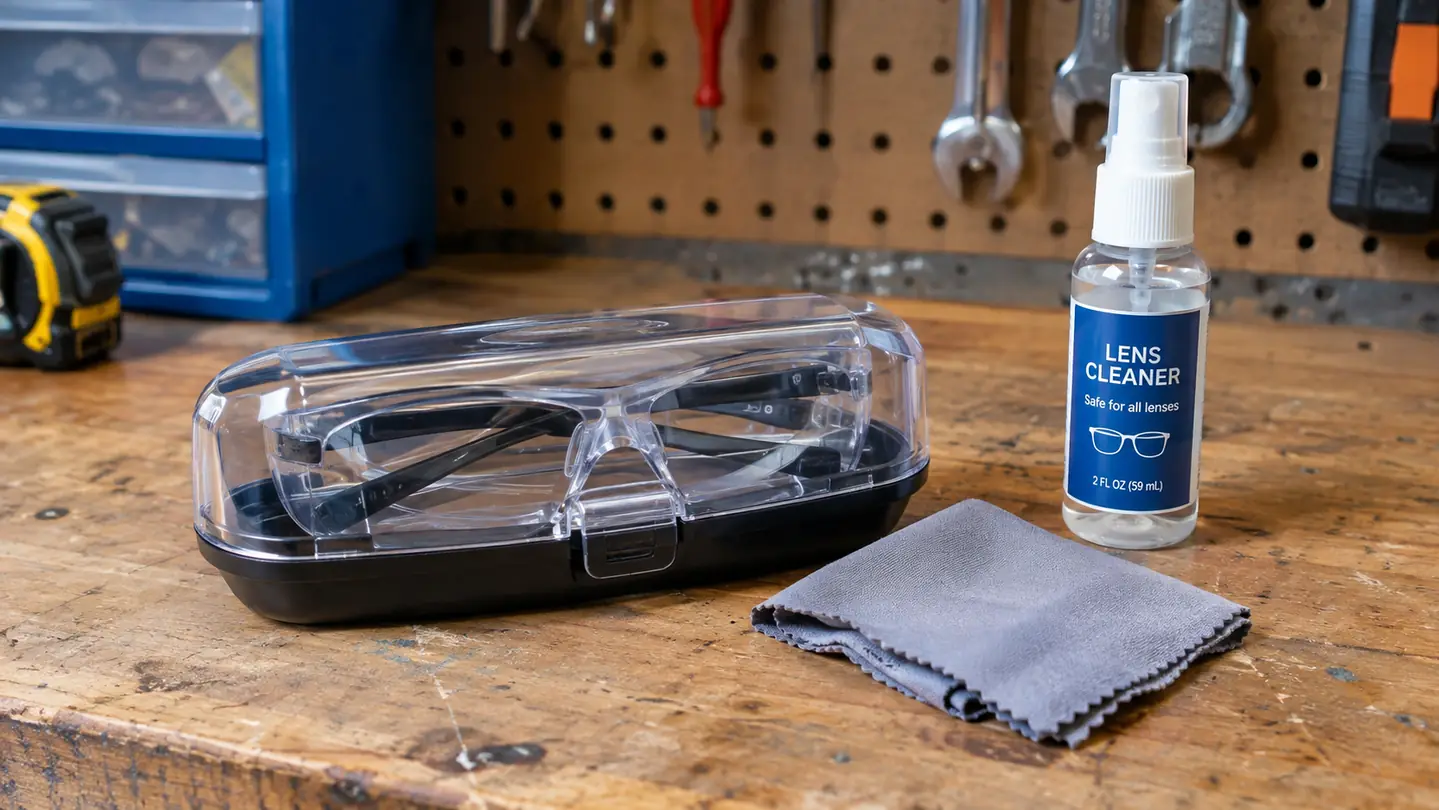 A clear safety glasses case and a microfiber cloth on a garage workbench next to a small bottle of lens cleaner