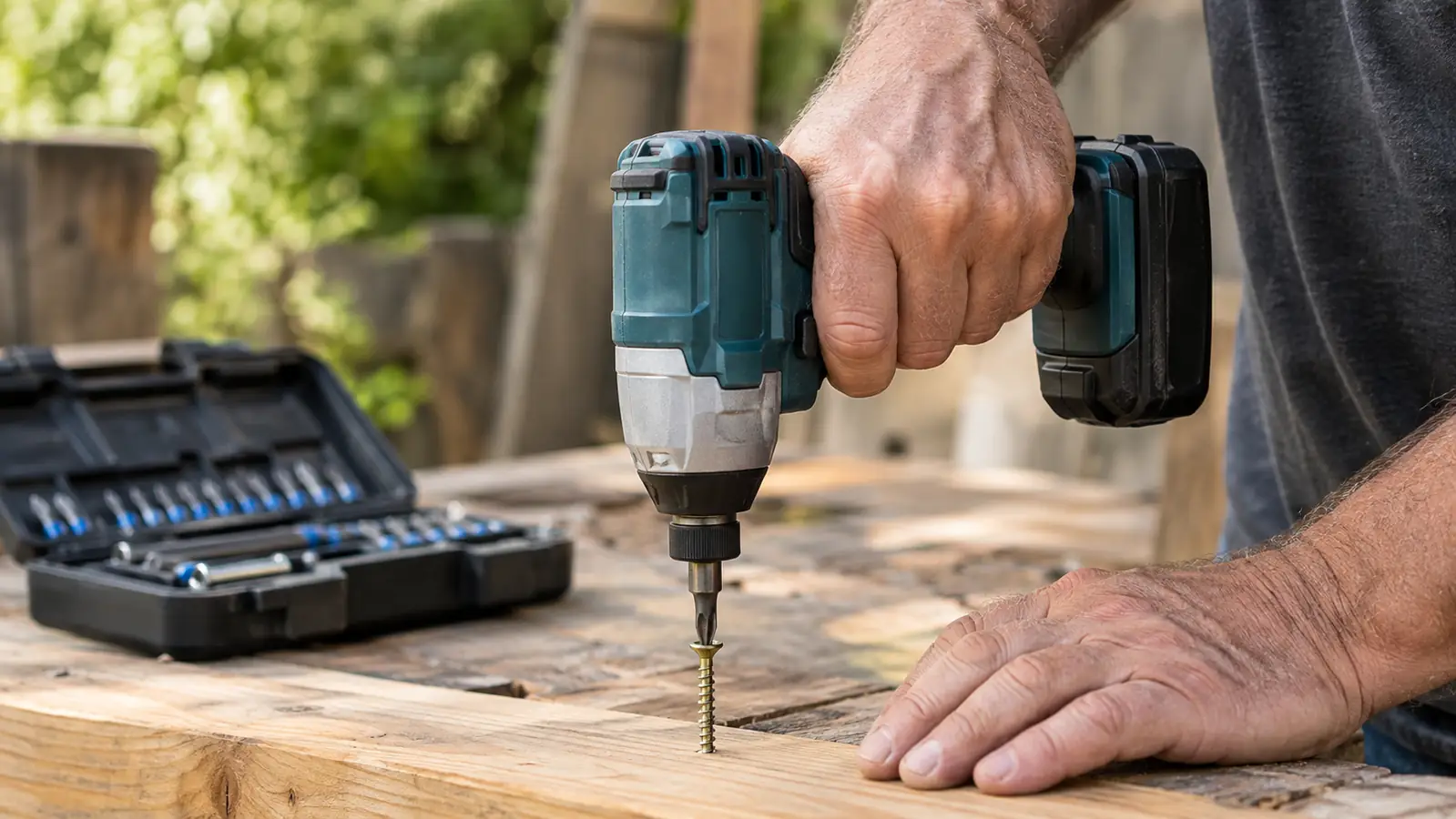 Close view of an impact driver bit seated squarely in the head of a deck screw on a wooden board