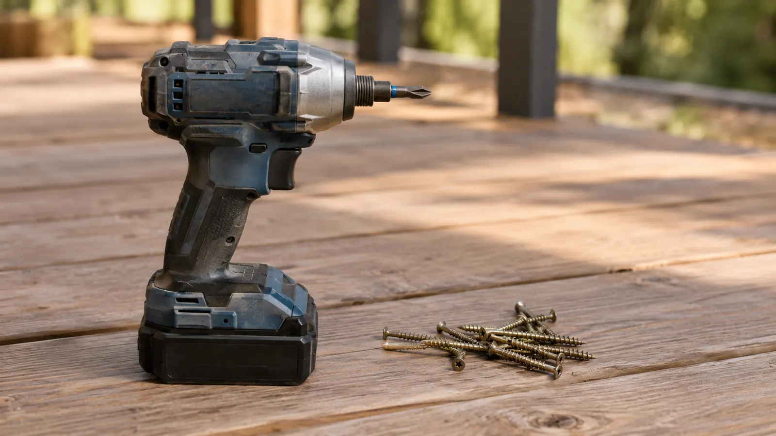 A cordless impact driver resting on a wooden deck board next to a small pile of deck screws