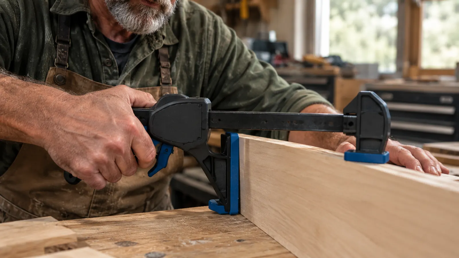 A hand squeezing the trigger of a one-handed bar clamp to tighten it on a wood panel