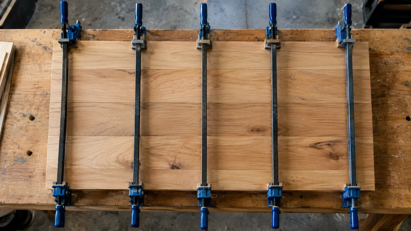A row of bar clamps spaced evenly across a glued wood panel on a workbench