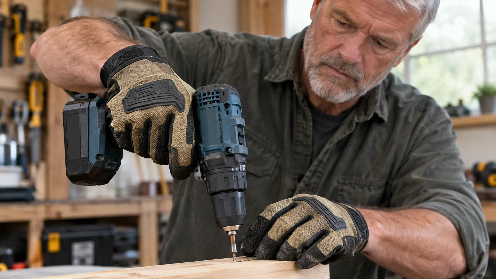 Hand in a work glove gripping the handle of a cordless drill on a workbench