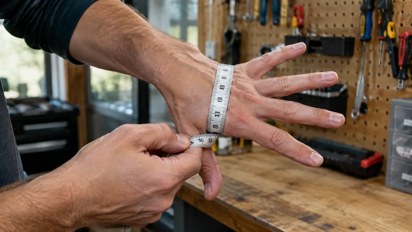 Measuring the widest part of a palm with a fabric tape measure in a garage workshop