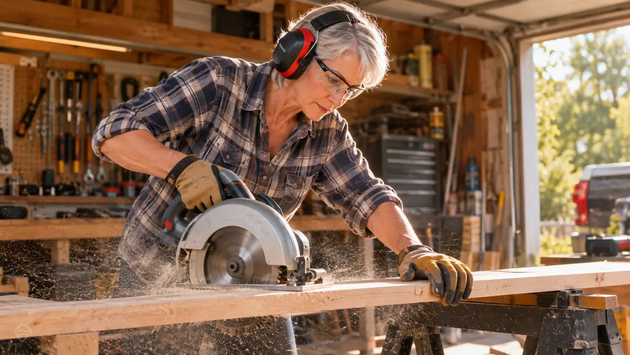 A woman wearing ear muffs and safety glasses making a cut with a circular saw on a sawhorse at a workbench, sawdust in the air