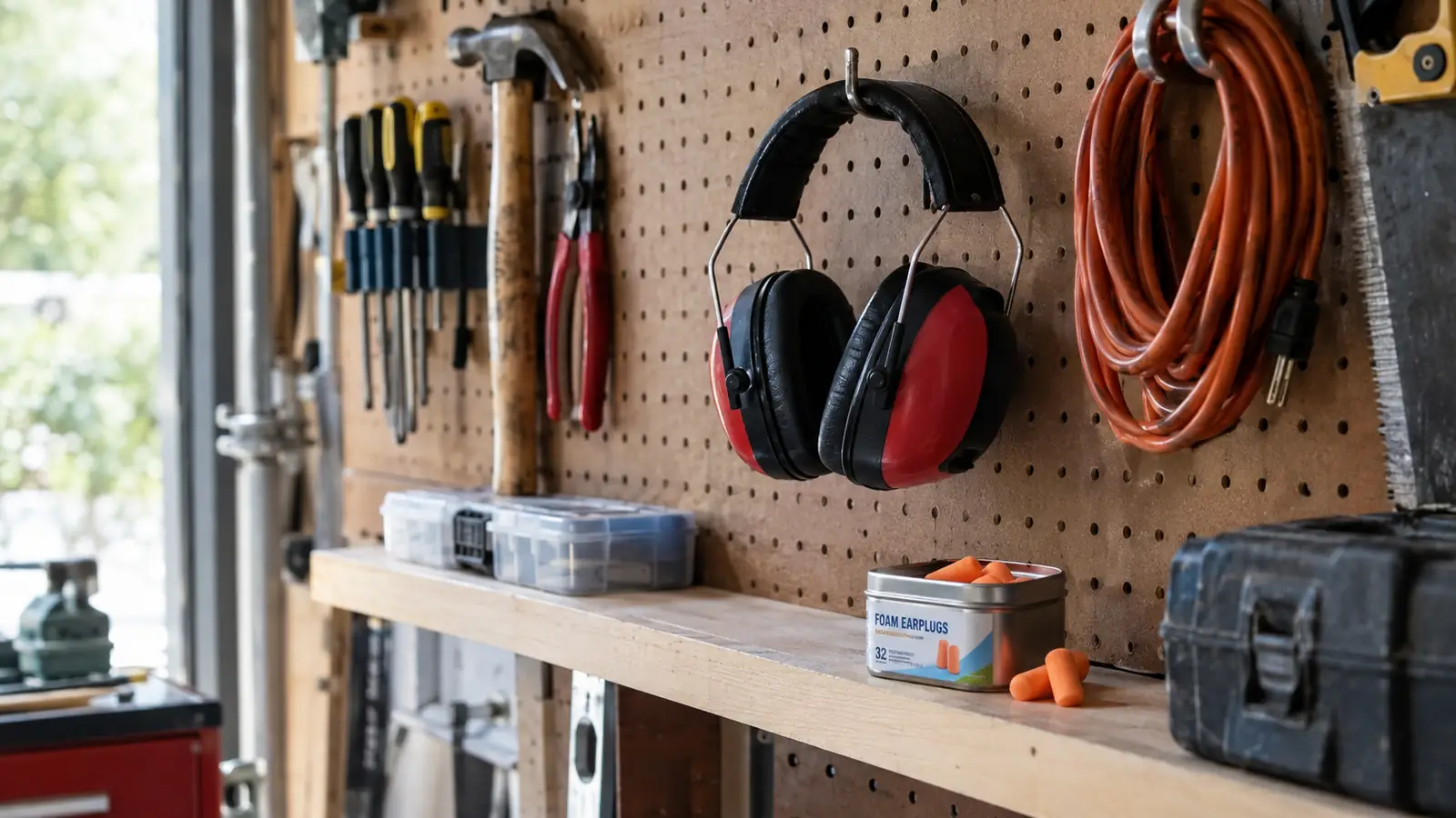 A pegboard shelf in a garage workshop holding a pair of ear muffs on a hook next to a small tin of foam earplugs and hand tools