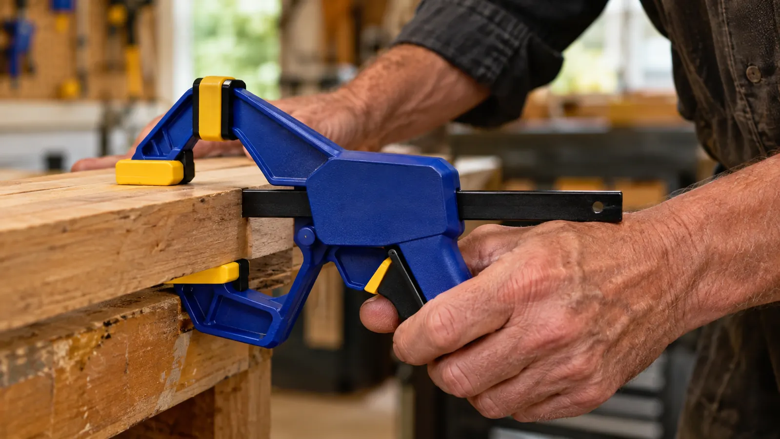 A hand pressing the trigger of a small one-handed bar clamp to open the jaws, with the clamp resting on a piece of wood