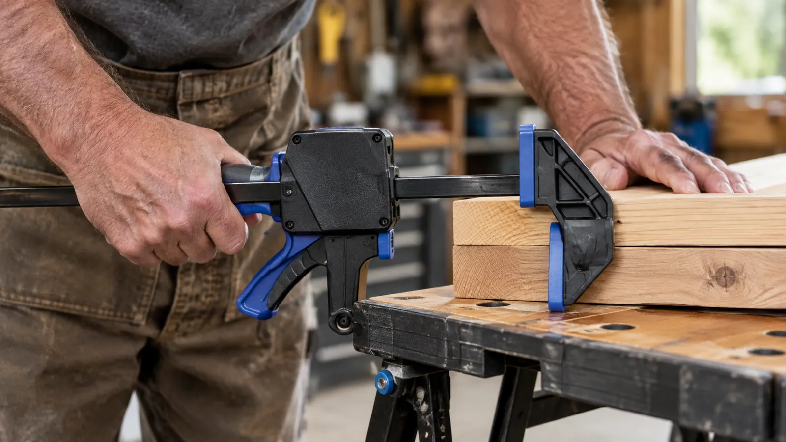 A hand squeezing the trigger of a one-handed bar clamp while the clamp holds two boards together on a workbench