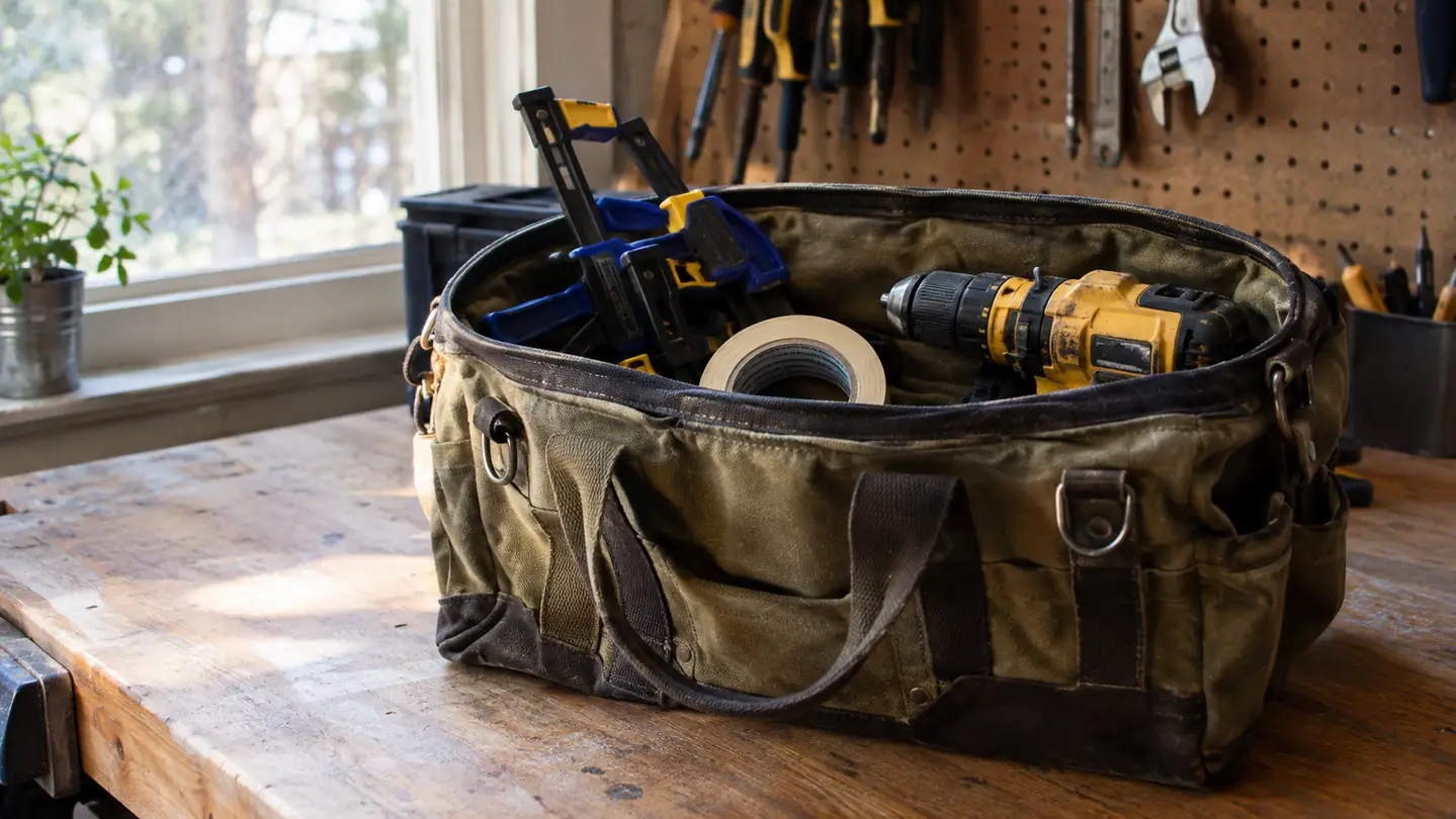 An open canvas tool bag on a workbench with a pair of one-handed bar clamps tucked inside next to a cordless drill