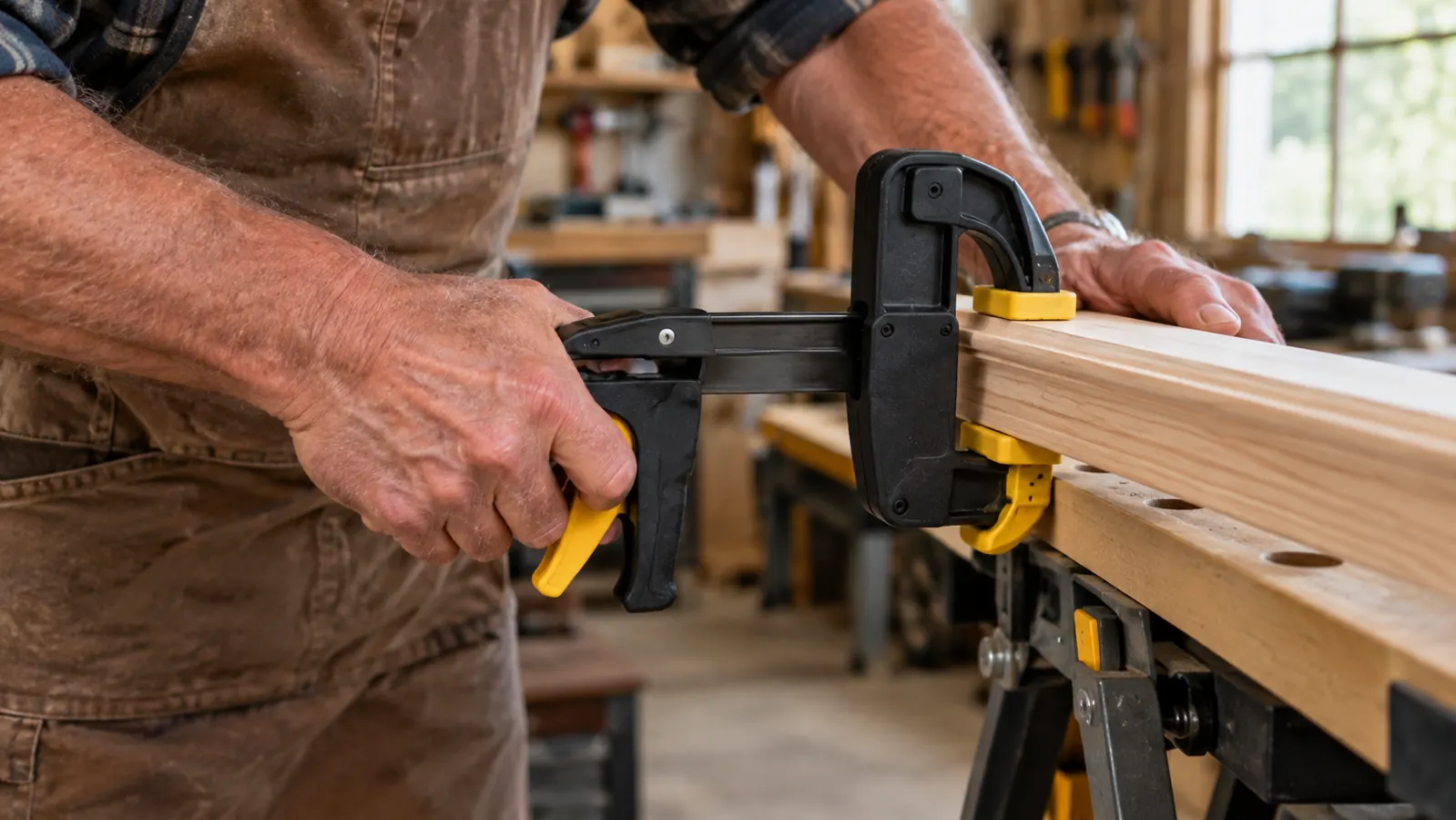 A hand squeezing the trigger of a one-handed bar clamp holding a piece of trim flat against a workbench