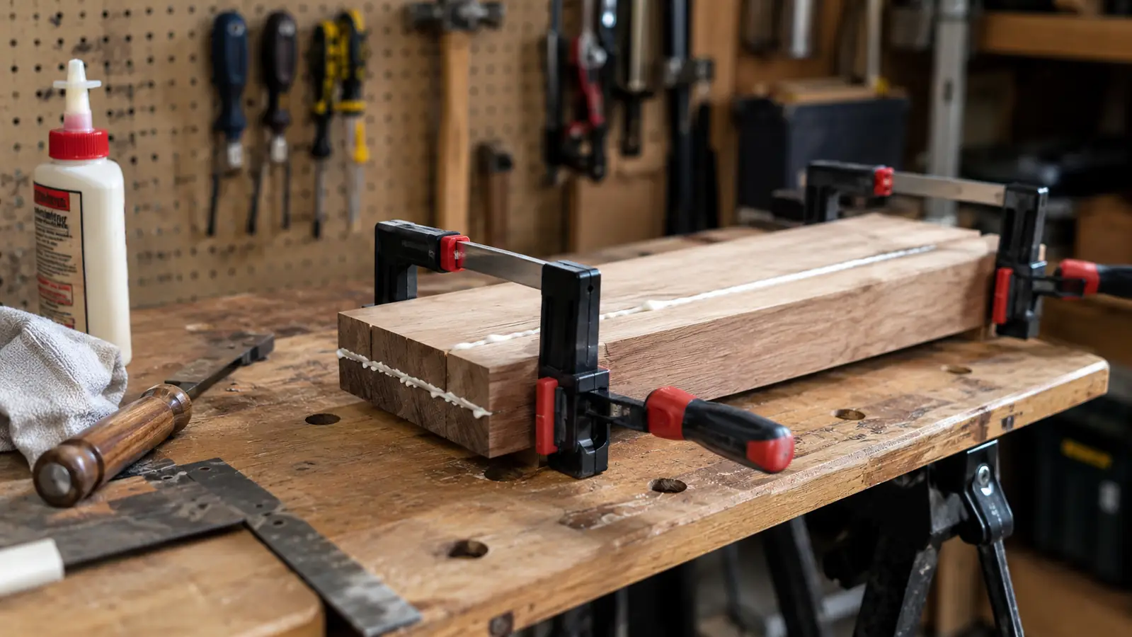 Two boards held together by small bar clamps on a workbench with a glue bottle nearby