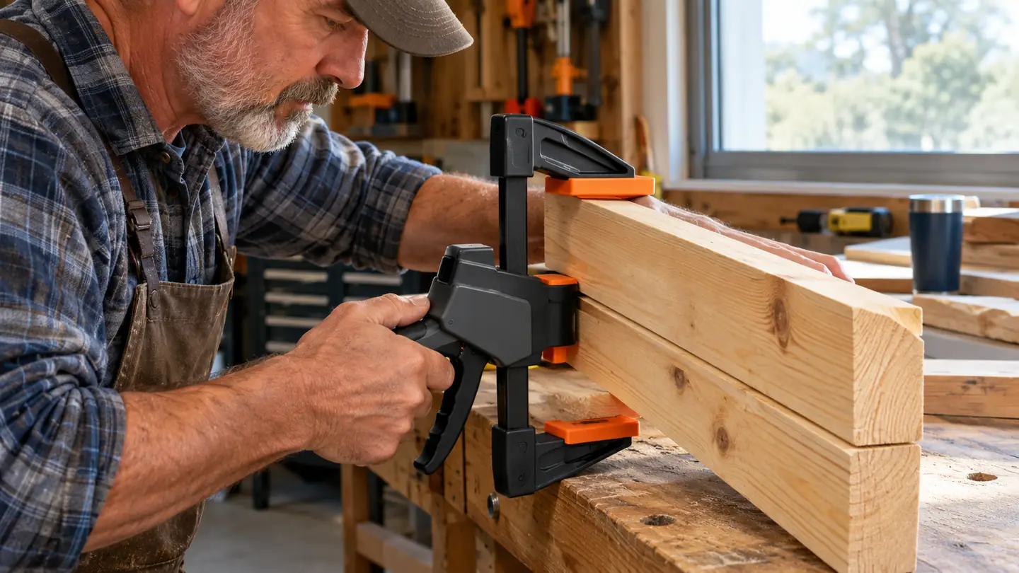A one-handed bar clamp holding two boards together on a workbench
