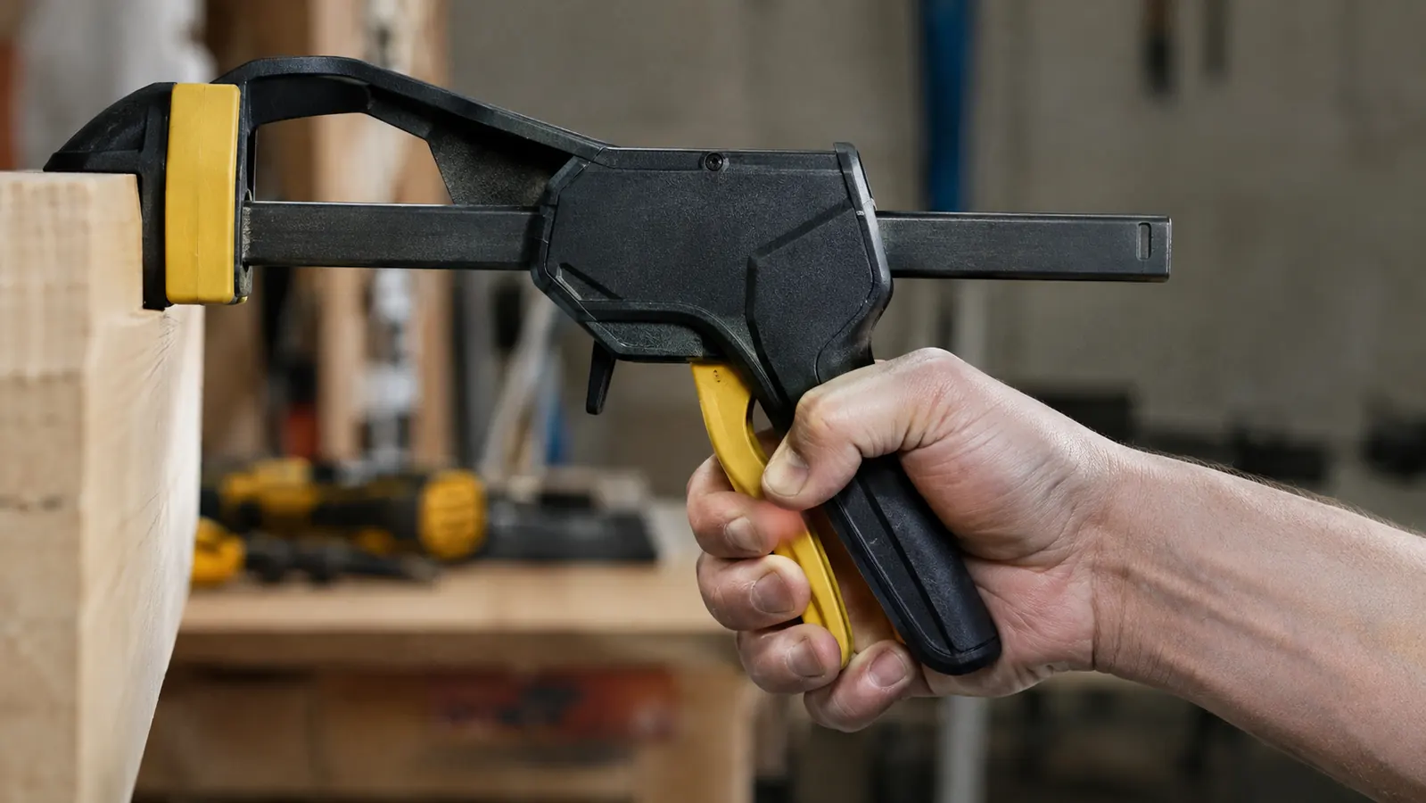 A hand releasing the trigger on a bar clamp