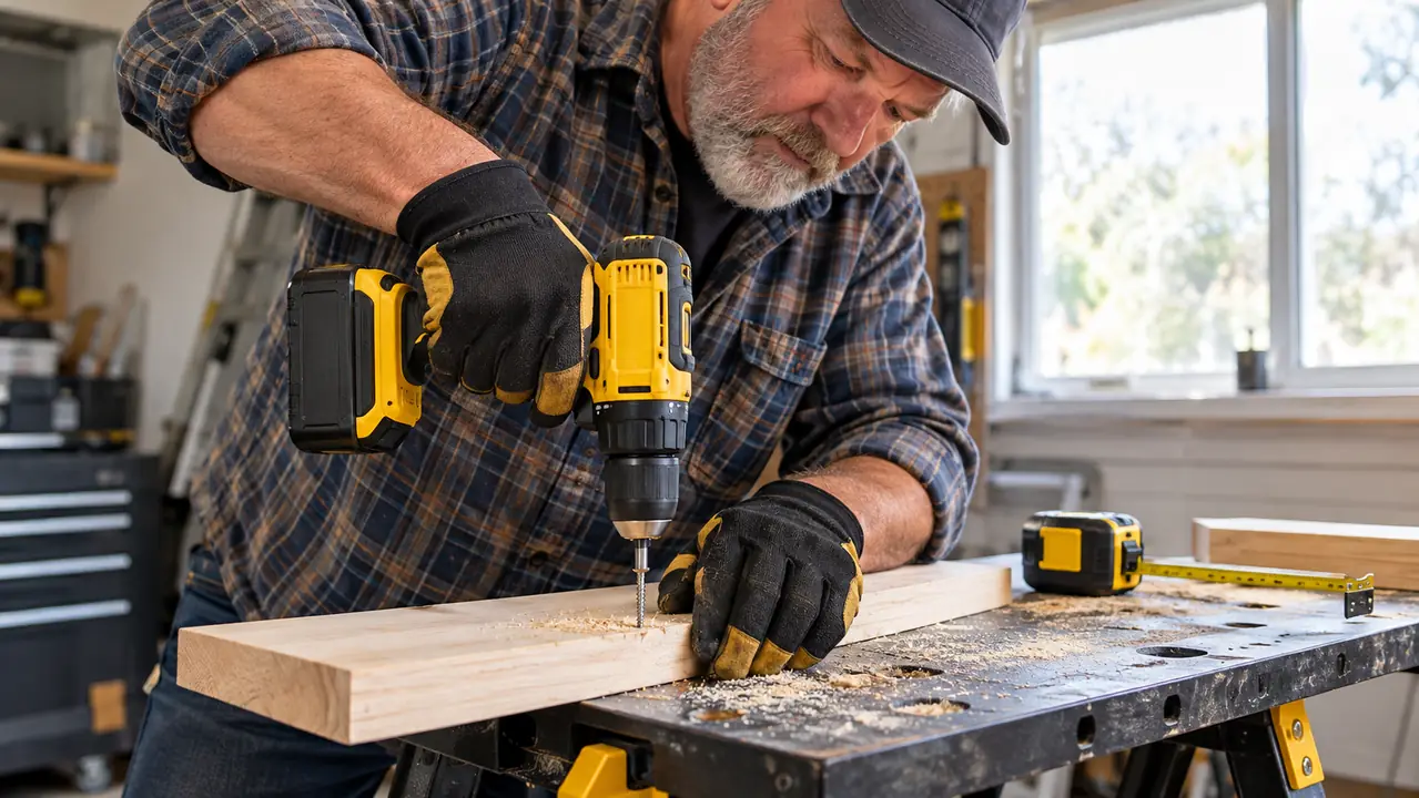 Hands wearing the work gloves while using a cordless drill to drive a screw into a board on a folding workbench.