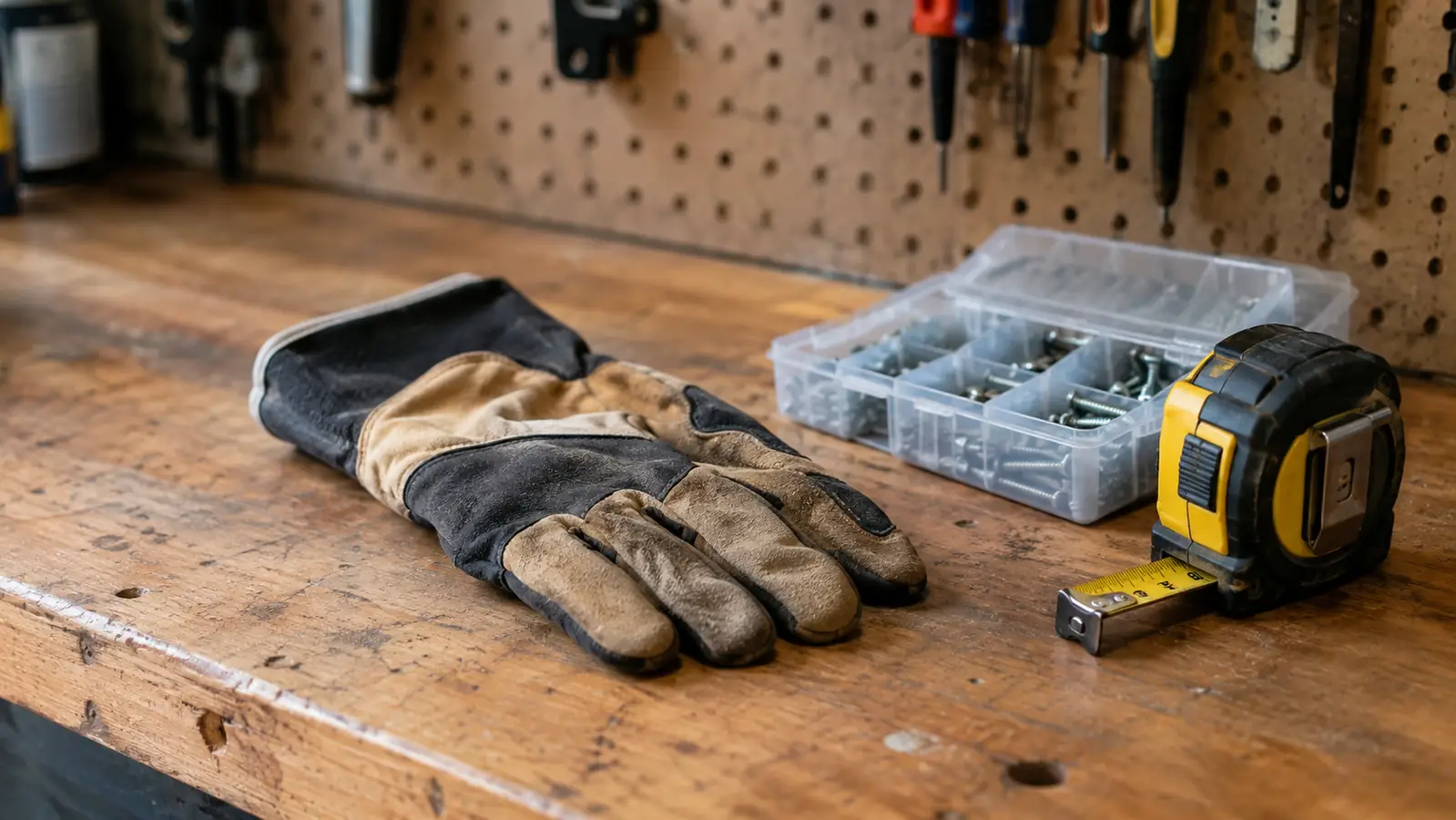 A single work glove lying on a garage workbench beside a tape measure and a small plastic parts box full of screws.