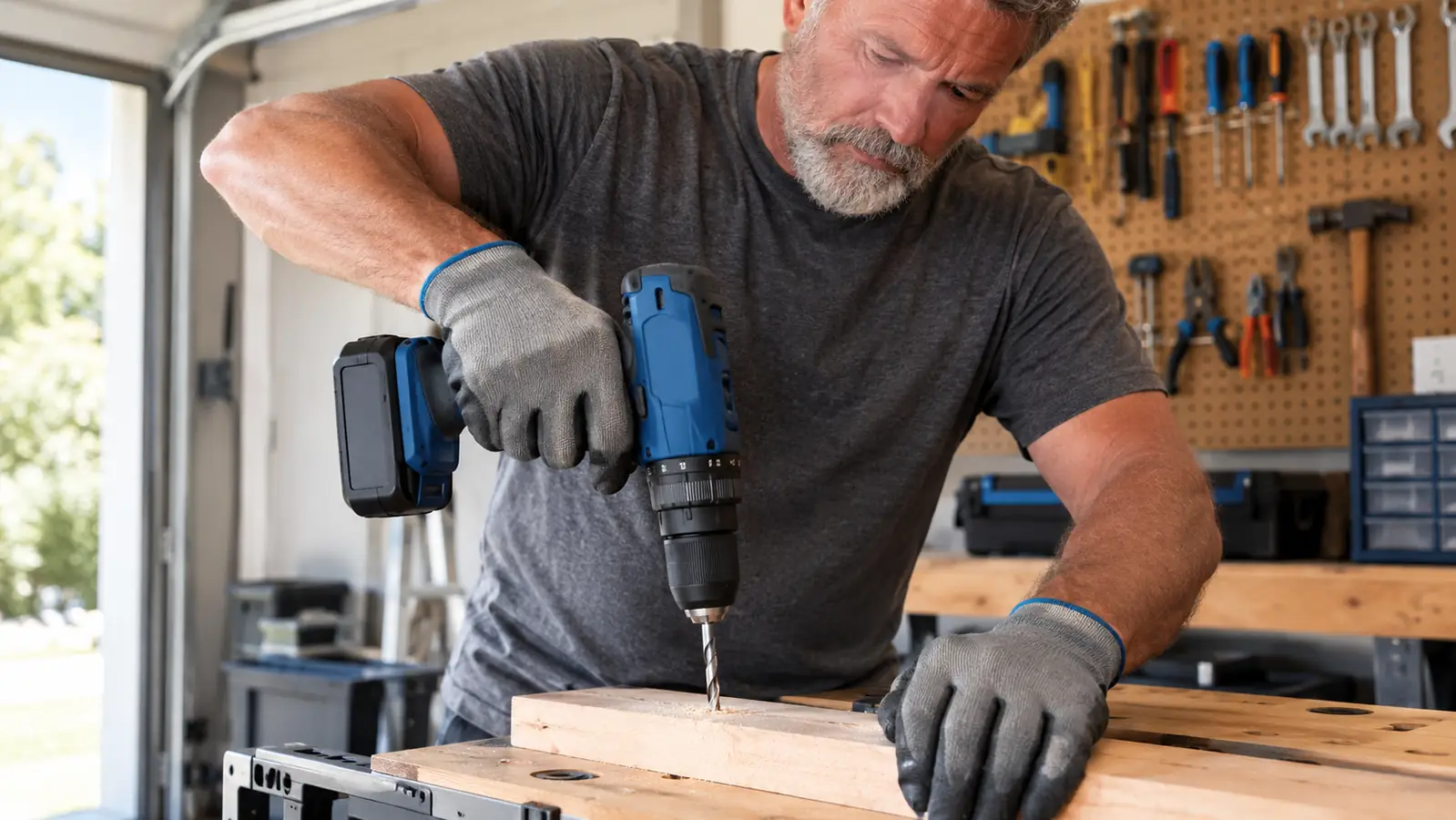 A hand wearing a work glove gripping the handle of a cordless drill during a home project