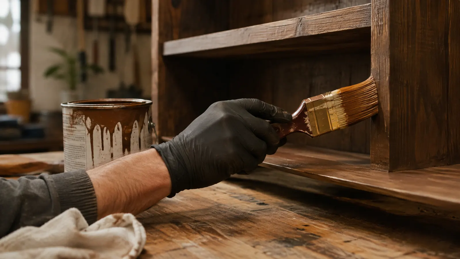 A close-up of a gloved hand holding a paintbrush while painting a wooden shelf