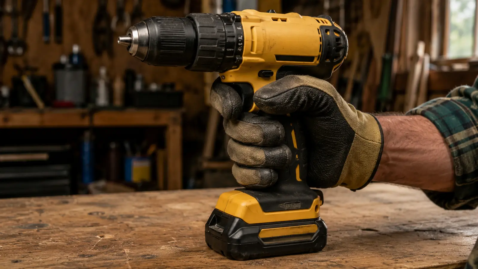 A hand in a work glove gripping the handle of a cordless drill