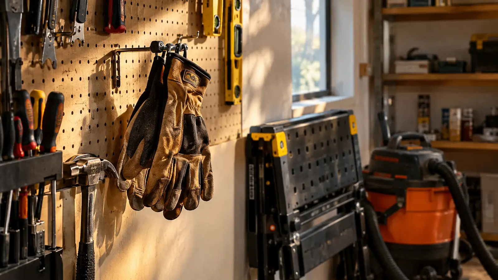 A pair of work gloves hanging from a pegboard hook in a home garage