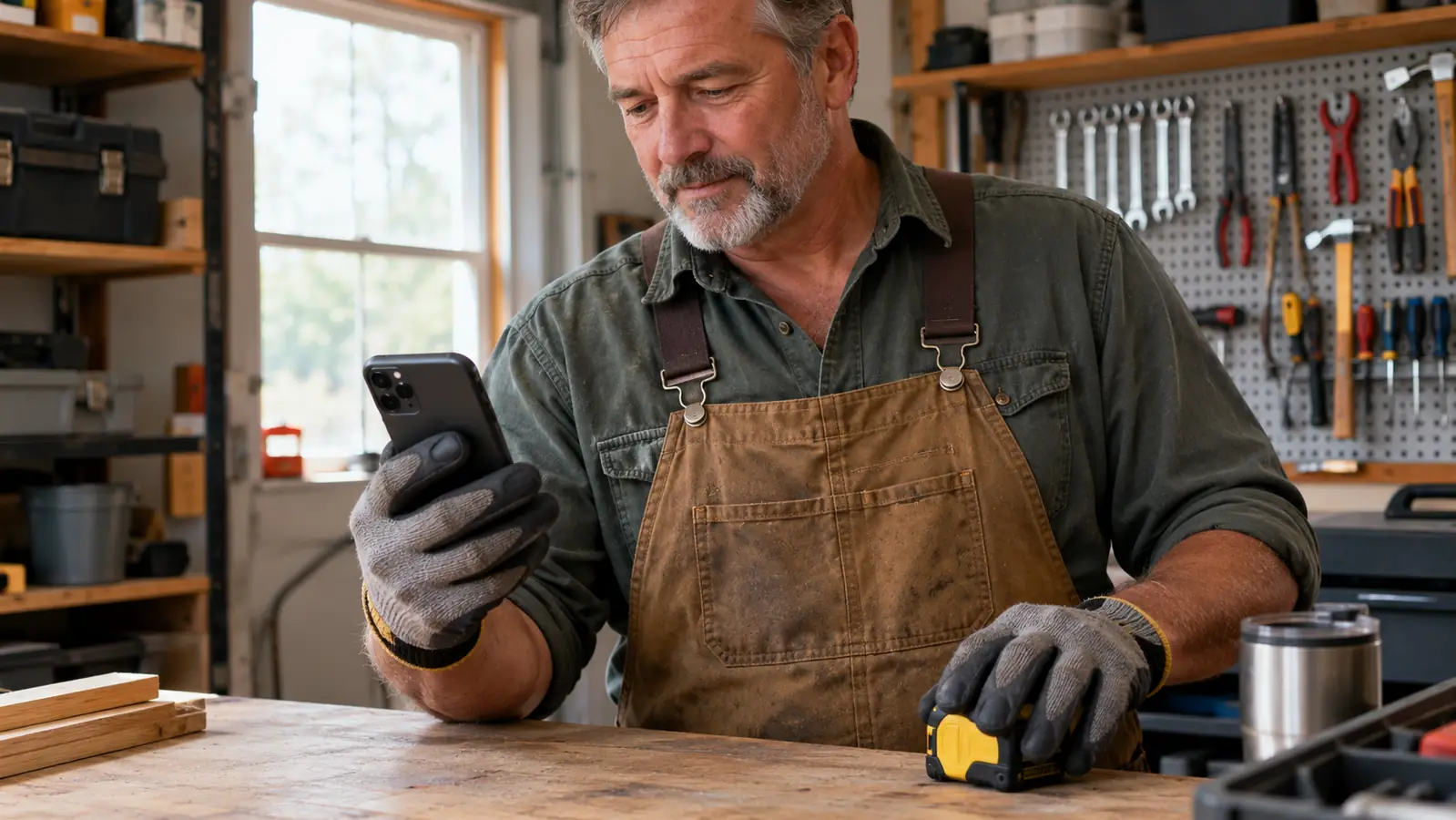 A hand in a black work glove holding a smartphone on a garage workbench