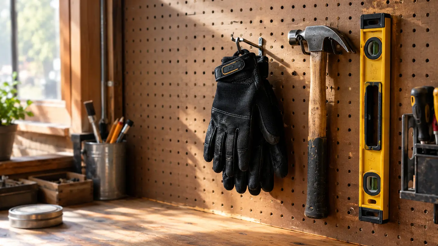 A pair of black work gloves hanging from a pegboard hook beside a hammer and a level in a home workshop