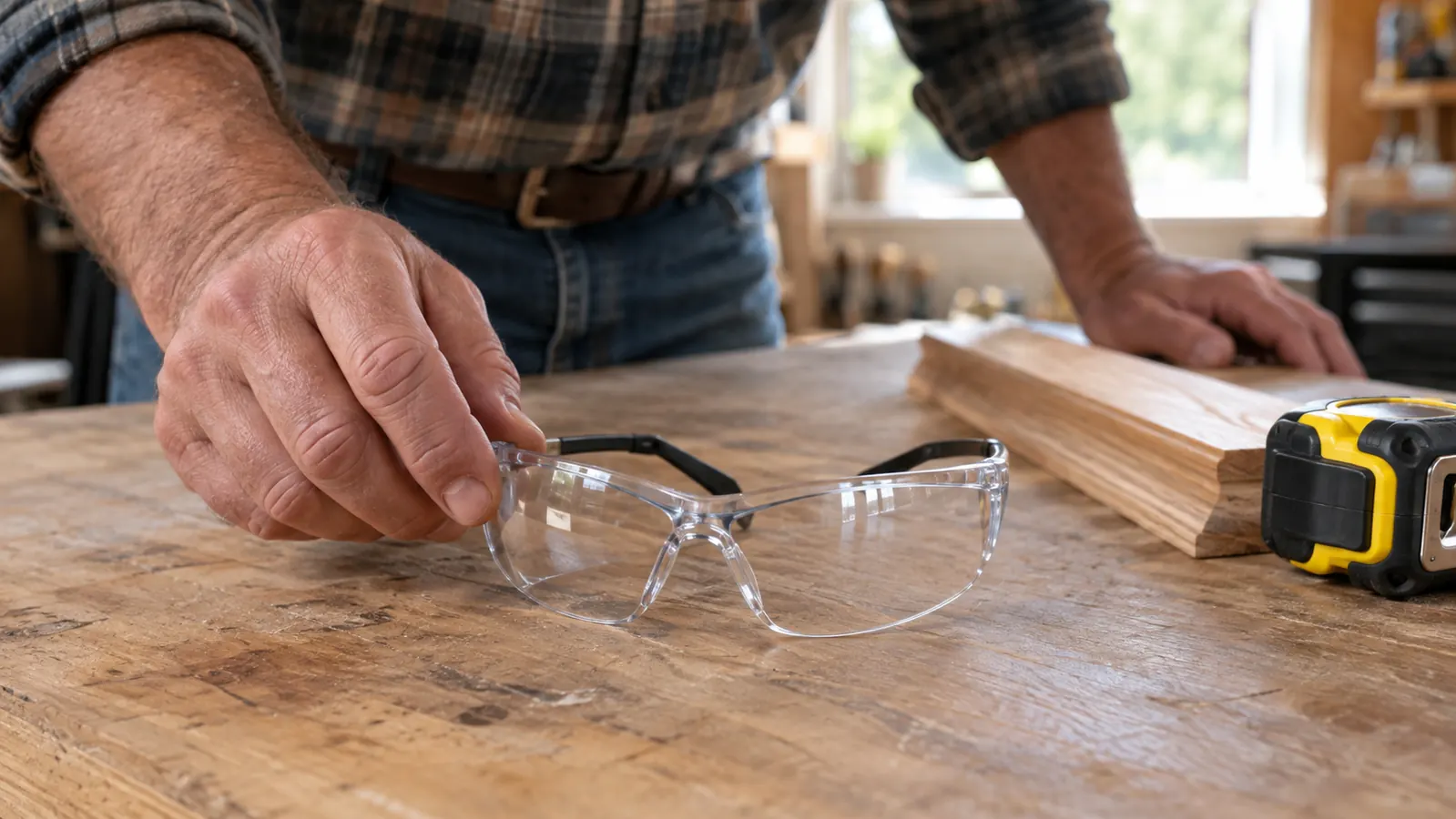 A hand placing clear safety glasses on a workbench next to a piece of oak trim and a tape measure