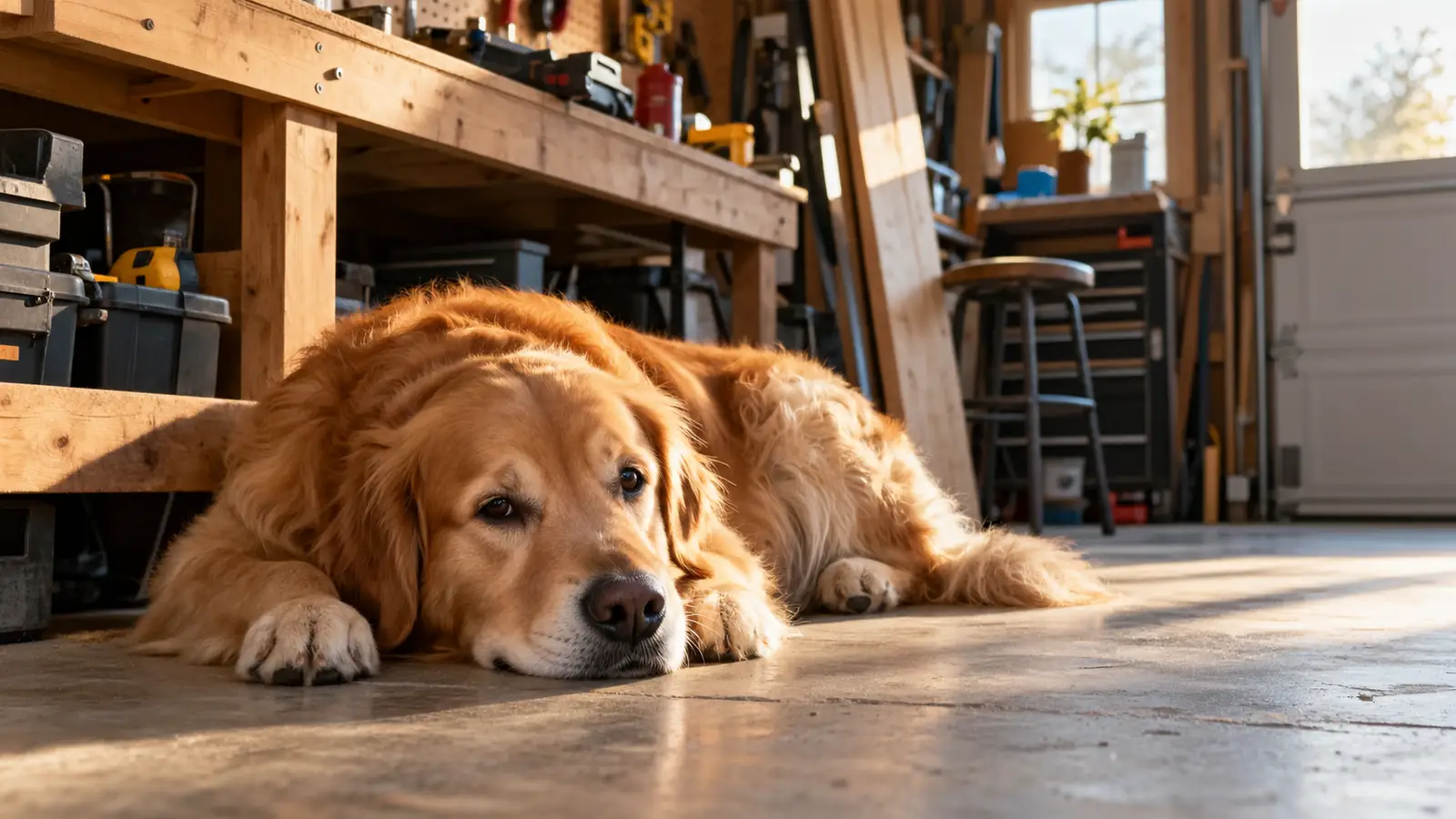 A large dog resting on a garage floor beside a workbench while a project is underway