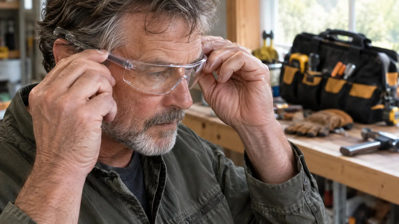 A person's hand adjusting the temple of clear safety glasses before a project