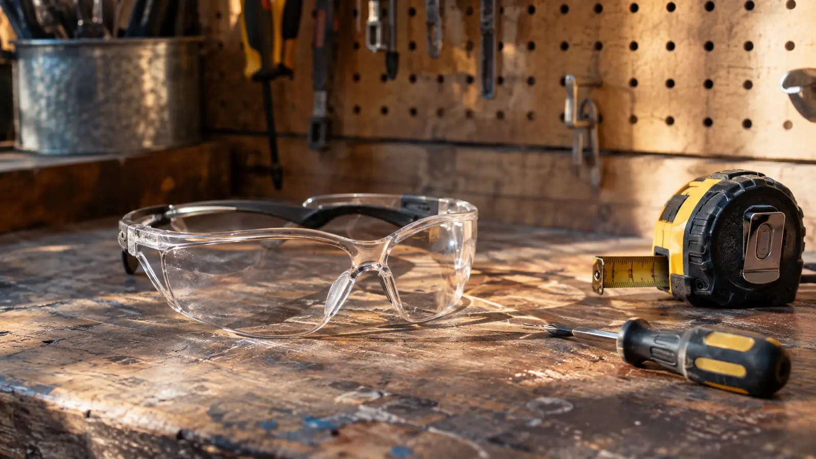 A pair of clear safety glasses on a garage workbench next to a tape measure and a small screwdriver