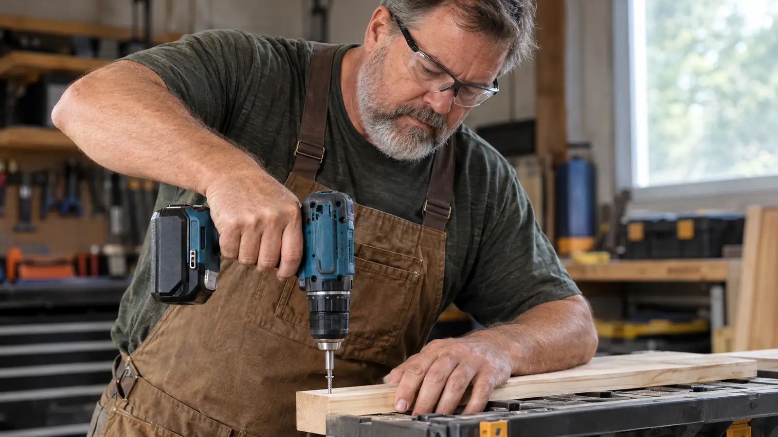 A person wearing NoCry safety glasses while using a cordless drill on a board at a workbench