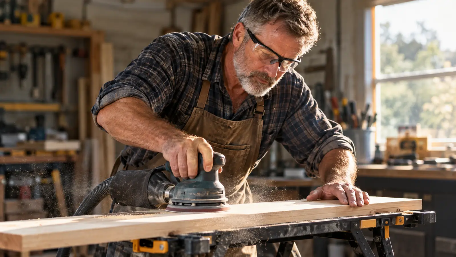 Person wearing safety glasses while sanding a board on a workbench, sawdust in the air